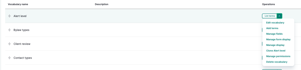 Taxonomy list and drop down menu