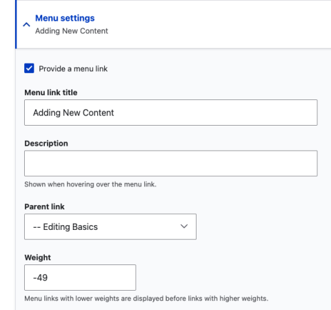 Menu settings tab showing a checkbox, the title, description, parent link, and weight.