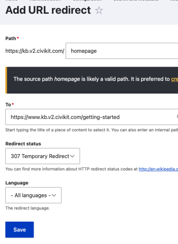URL Redirects page