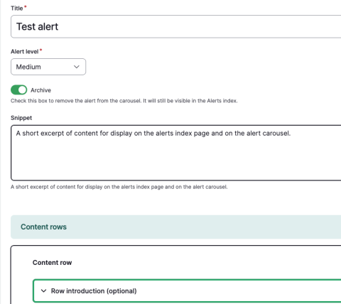 alert content type with fields visable.