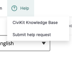 Help drop down menu featuring links to the CiviKit knowledge base and the support request form