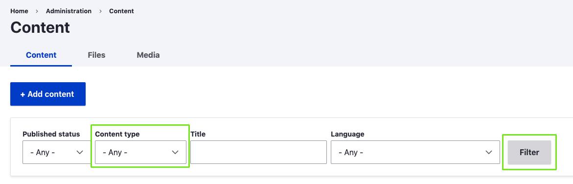 screenshot of Drupal content filters with emphasis on the Content type dropdown