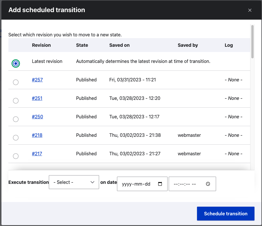 Add schedules transitions options menu.