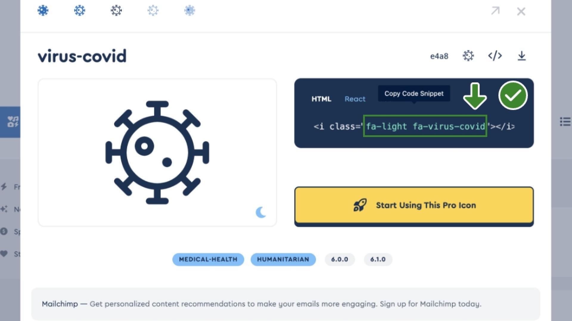 fontawesome icon pop-up with an arrow pointing at the code snippet